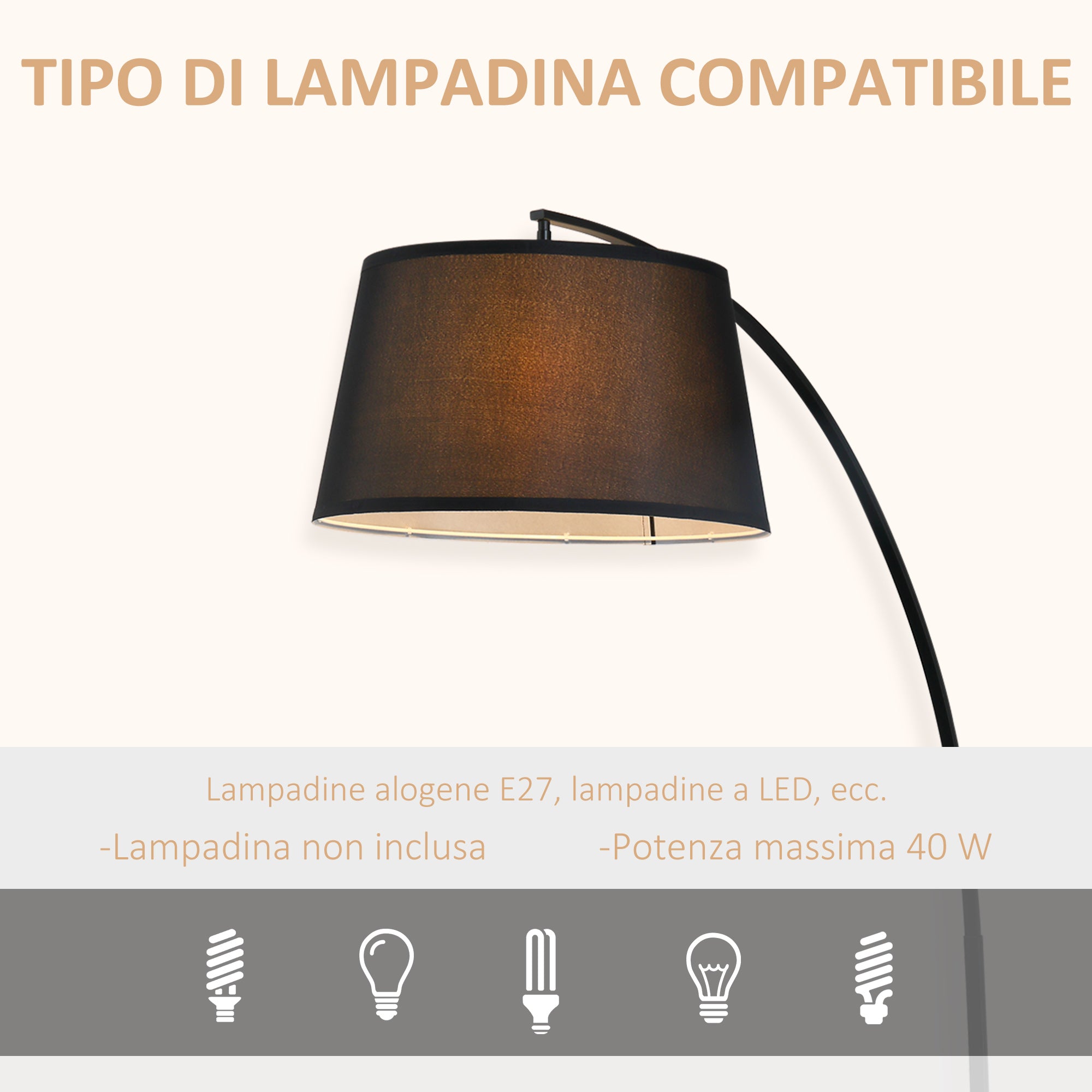 Easycomfort Lampada da Terra ad Arco con Paralume in Tessuto e Interruttore a Pedale, Ø47x105x190cm, Nera