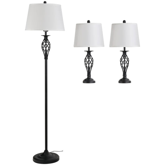 EASYCOMFORT Set 3 Pezzi Lampada da Terra e 2 Lampade da Tavolo in Metallo Design Vintage Lampadine E27 Nero e Bianco