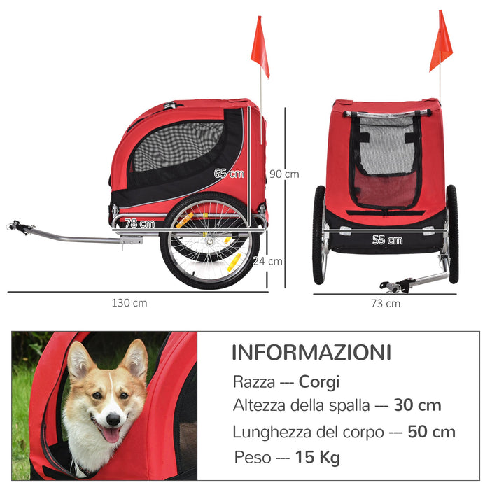 Carrellino Rimorchio per Cani e Animali Domestici da Bicicletta 130x90x73 cm Rosso e Nero