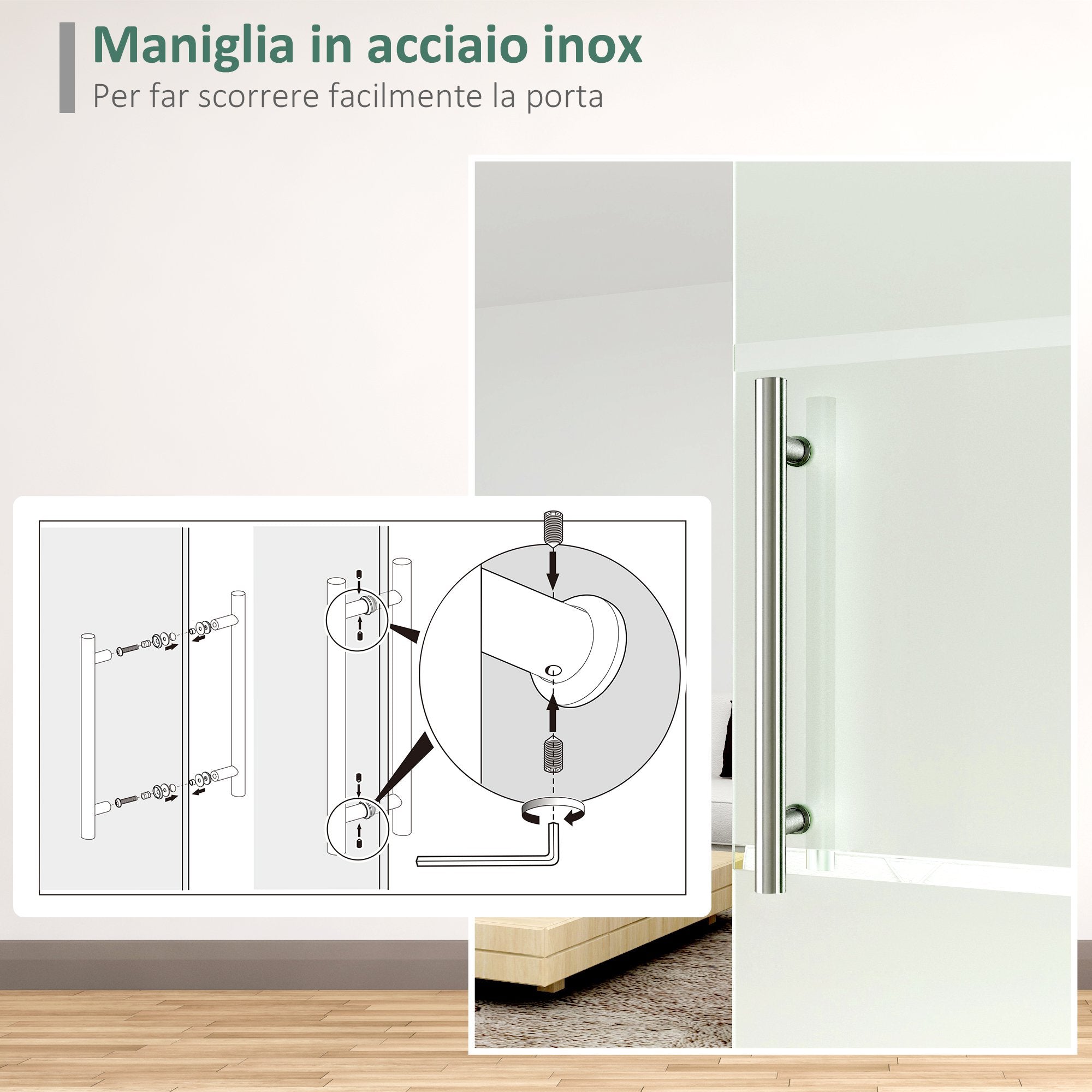 EasyComfort Porta Scorrevole in Vetro Smerigliato e Satinato con Binario e Maniglia per Bagno Cucina 210cm