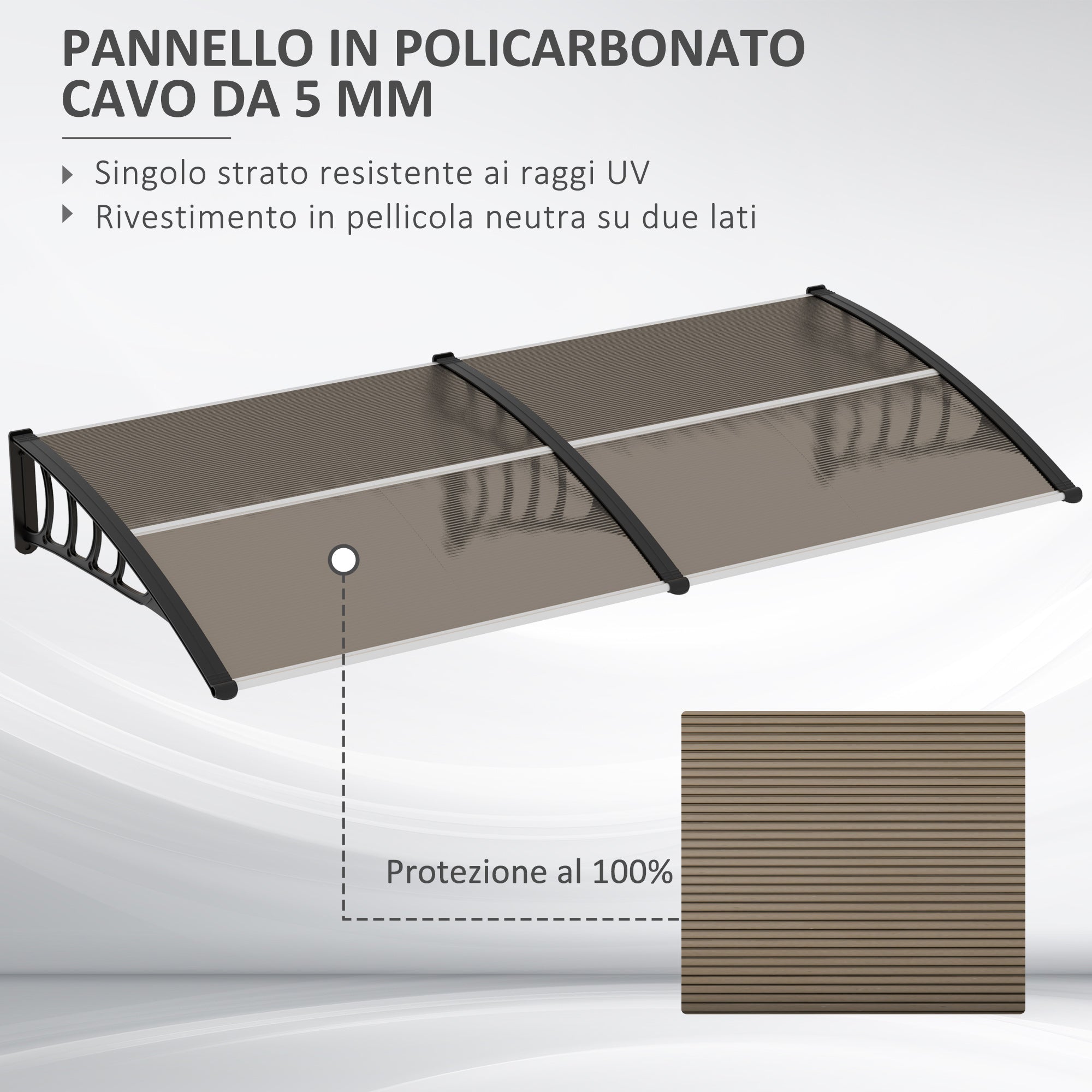 EASYCOMFORT  Pensilina da Esterno per Finestre e Porte, in Policarbonato e Alluminio, 200x100x26cm - Marrone