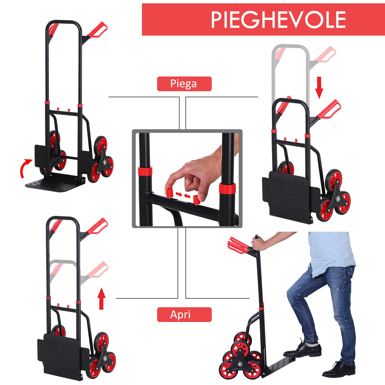 Easycomfort Durhand Carrello Portapacchi Pieghevole 120 kg max con Maniglia Estraibile, 60x45x109 cm, Rosso e Nero