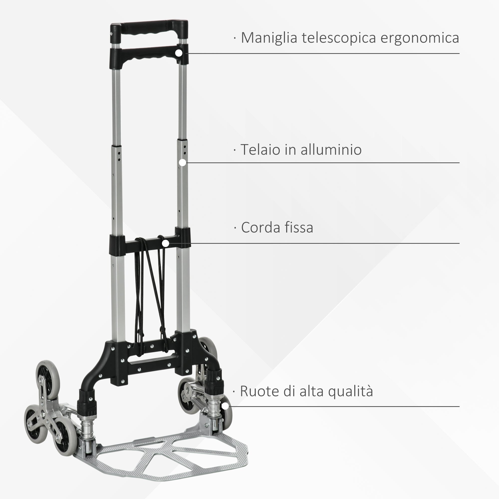 Easycomfort DURHAND Carrello Portapacchi Pieghevole a 6 Ruote max 70 kg con Fune e Maniglia Estraibile, 47x47x100 cm, Nero e Argento