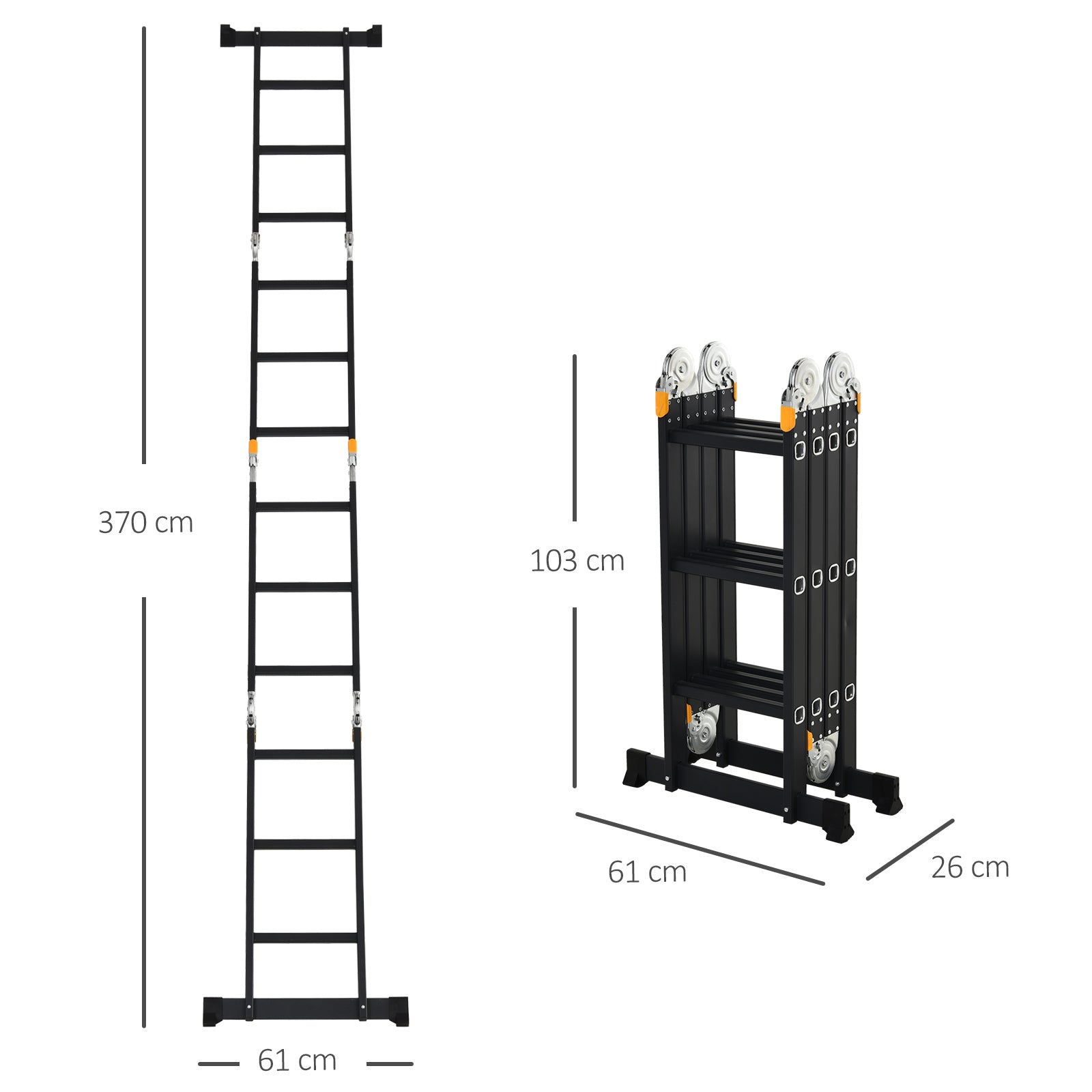 EasyComfort Scala in Alluminio 5 in 1 Nera per Interni ed Esterni, Carico Massimo 150kg, 370x61x11 cm