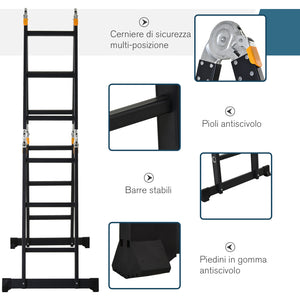 EasyComfort Scala in Alluminio 5 in 1 Nera per Interni ed Esterni, Carico Massimo 150kg, 370x61x11 cm