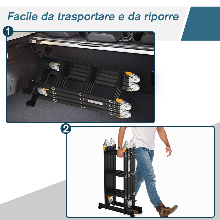 EasyComfort Scala in Alluminio 5 in 1 Nera per Interni ed Esterni, Carico Massimo 150kg, 370x61x11 cm