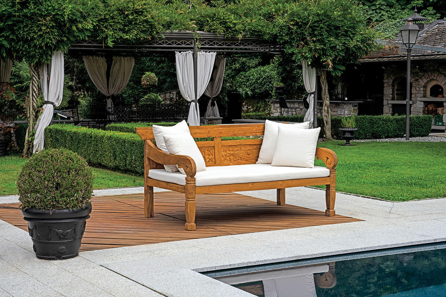 Panchina da Giardino 210x112x103 cm Bali in Teak con Cuscini e Pollow  Ecrù