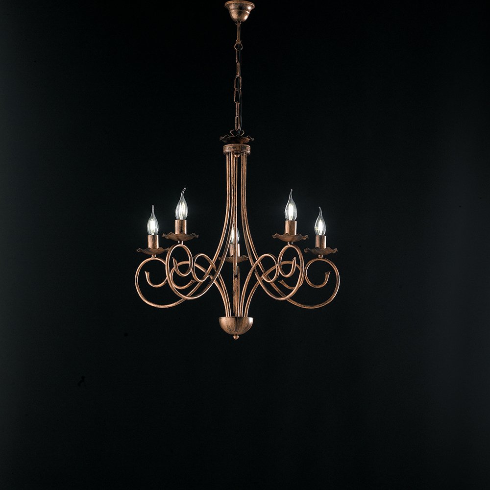 Lampadario Provenzale Candelabro 5 Luci Ferro Battuto Nero e Rame Serie Alma