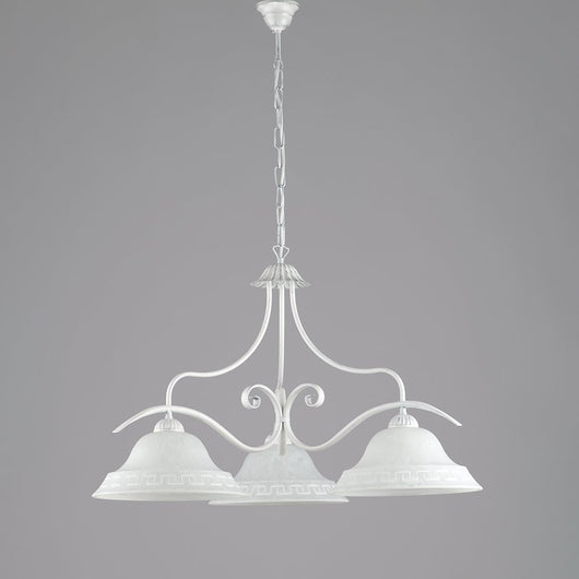 Lampadario Country Chic 3 Luci Ferro Battuto e Vetro Bianco e Argento Serie Atene