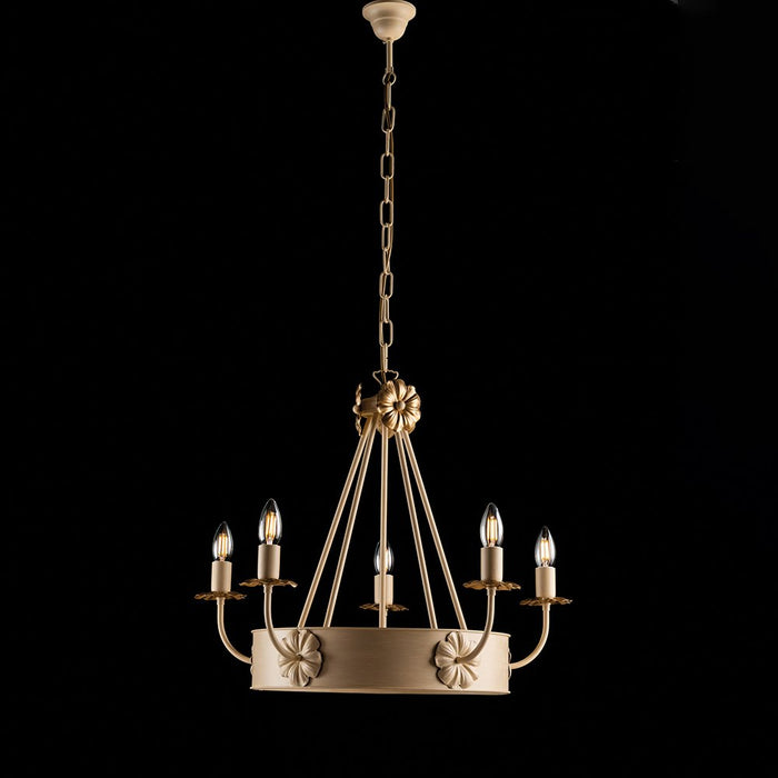 Lampadario Rustico 5 Luci Ferro Avorio e Oro Decorazioni Oro serie Kansas