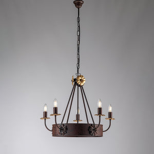 Lampadario Rustico 5 Luci Ferro Nero e Ruggine Decorazioni Oro serie Kansas