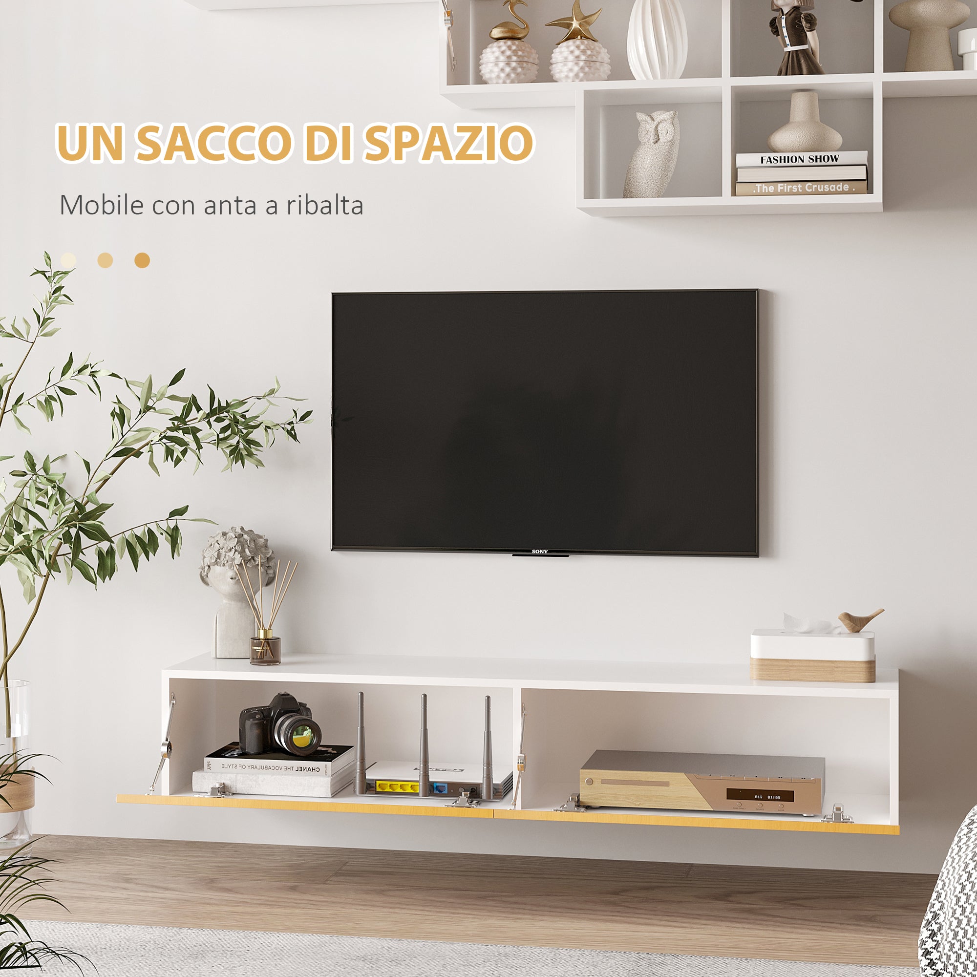 Mobile TV Sospeso 60" max con Armadietto a Parete in Truciolato Bianco e Marrone Chiaro