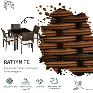 Set Tavolo e 4 Sedie da Giardino in Rattan PE Marrone