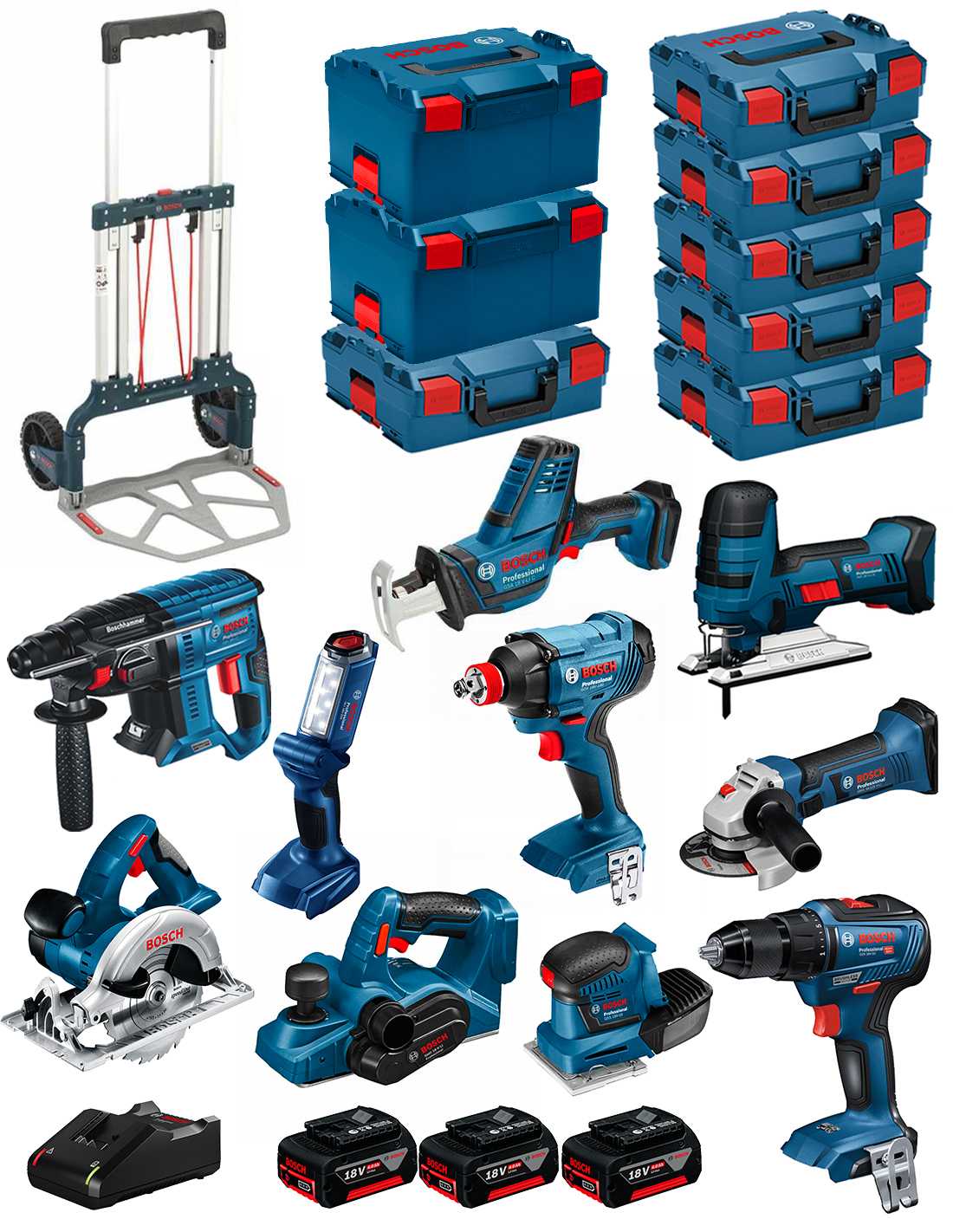 BOSCH Kit 18V BK1001 (GST18V-LIS+GKS18V-LI+GBH18V-21+GWS18-125V-LI+GSR18V-55+GSA18V-LIC+GDX18V-180+GLI18V-300+GHO18V-LI+3x4,0Ah)