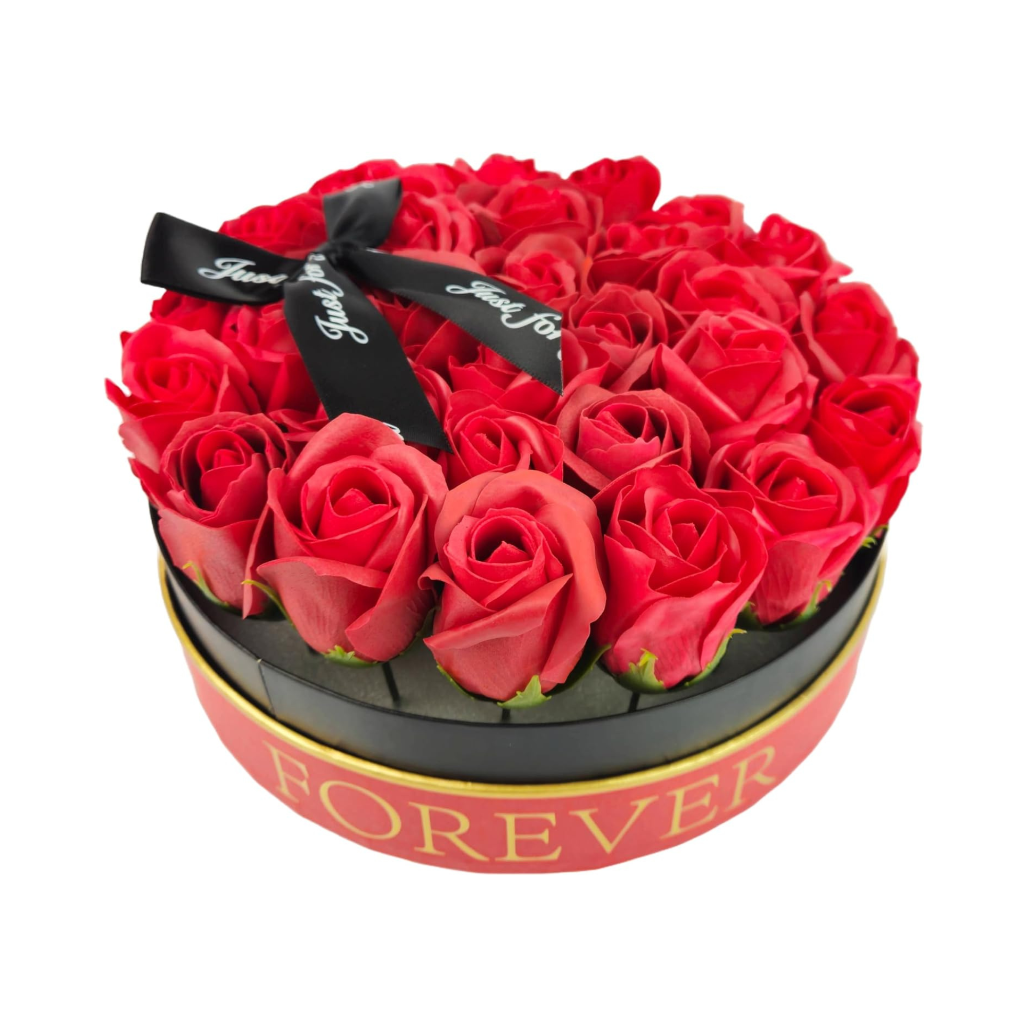 Box tondo Rose rosse artificiali bouquet di 29 rose perenni, confezione mazzo di rose per San Valentino, cm 23x23x14 scatola in cartone rosso