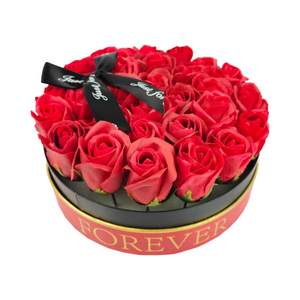 Box tondo Rose rosse artificiali bouquet di 29 rose perenni, confezione mazzo di rose per San Valentino, cm 23x23x14 scatola in cartone rosso