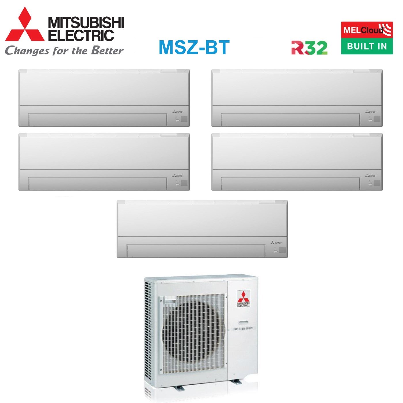 Climatizzatore Condizionatore Mitsubishi Electric Penta Split Inverter Serie BT 7+7+12+12+12 con MXZ-5F102VF R-32 Wi-Fi Optional 7000+7000+12000+12000+12000 