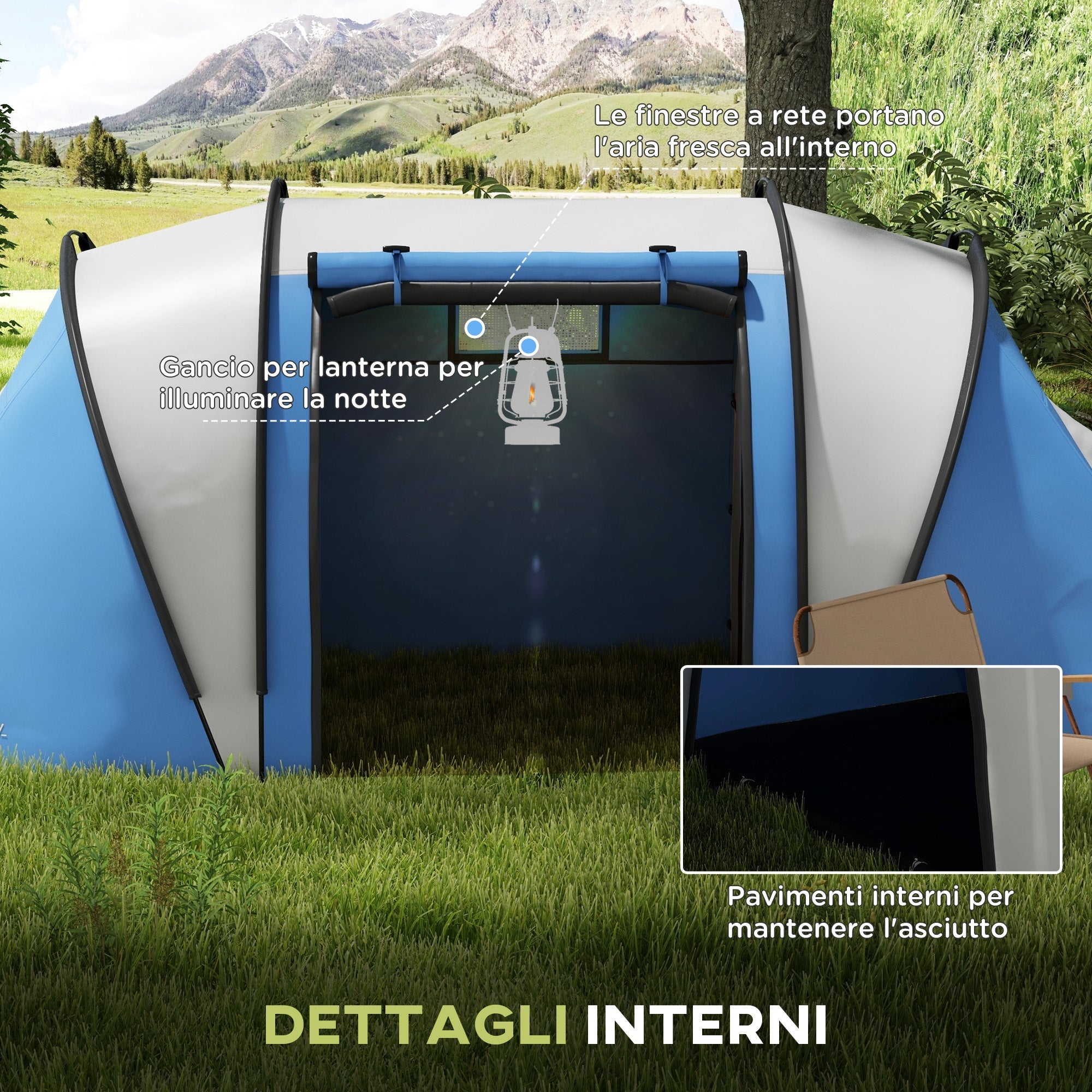 Tenda da Campeggio 2 Posti Impermeabile con 2 Stanze Borsa di Trasporto 220x450x180 cm in Poliestere Blu