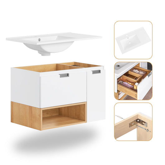 Mobile base per lavabo con 1 cassetto e 1 anta Mobile da bagno Bianco-Naturale 80x46x54cm BZR178-WN