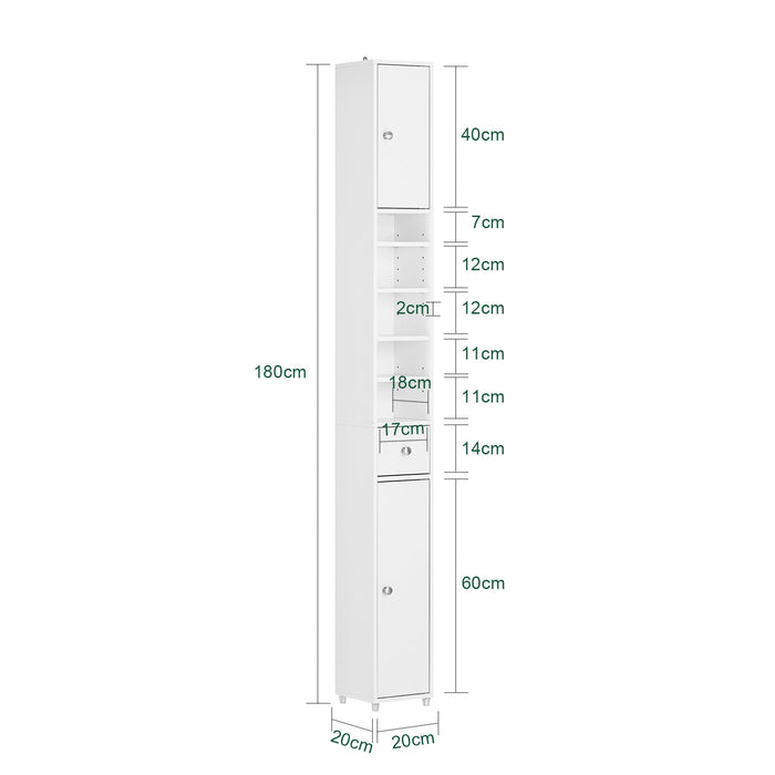 Armadio Colonna bagno, Mobile bagno alto con 2 Ante e 1 cassetto altezza: 180 cm Bianco BZR34-W