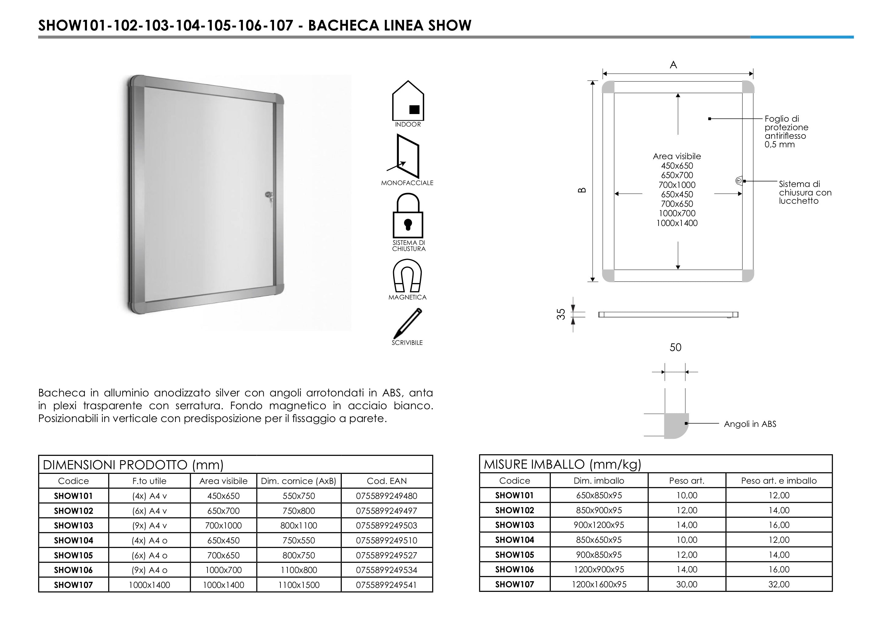 Bacheca a libro angolo tondo classic anta in plexiglass 4 A4 Verticale