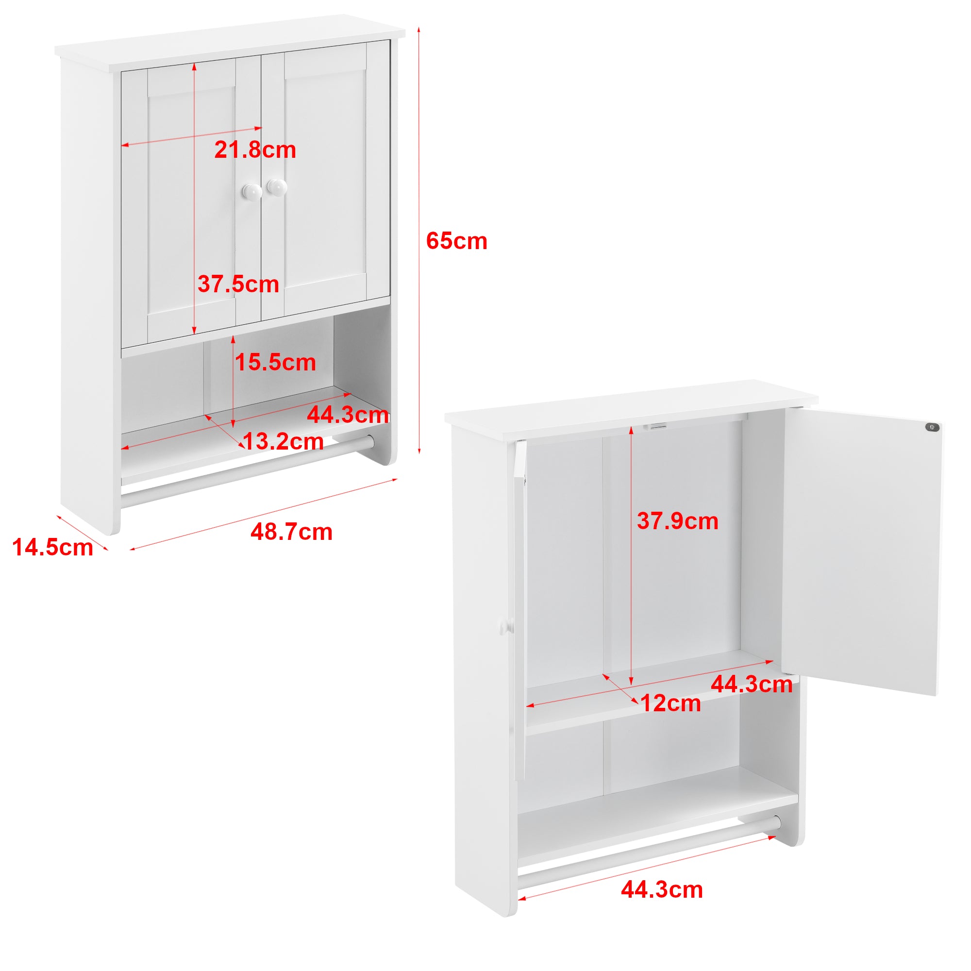 Armadietto Pensile da Bagno con Barra Portaasciugamano 65 x 48,7 x 14,5 cm Mobiletto da Muro con 2 Ante e Ripiani -