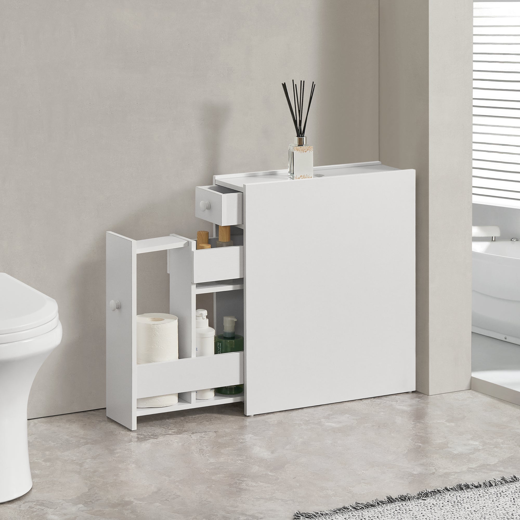 Mobile da Bagno a Terra (AxPxL) 58 x 16 x 48 cm Contenitore Salvaspazio con Cassetti Armadietto da Bagno - Bianco