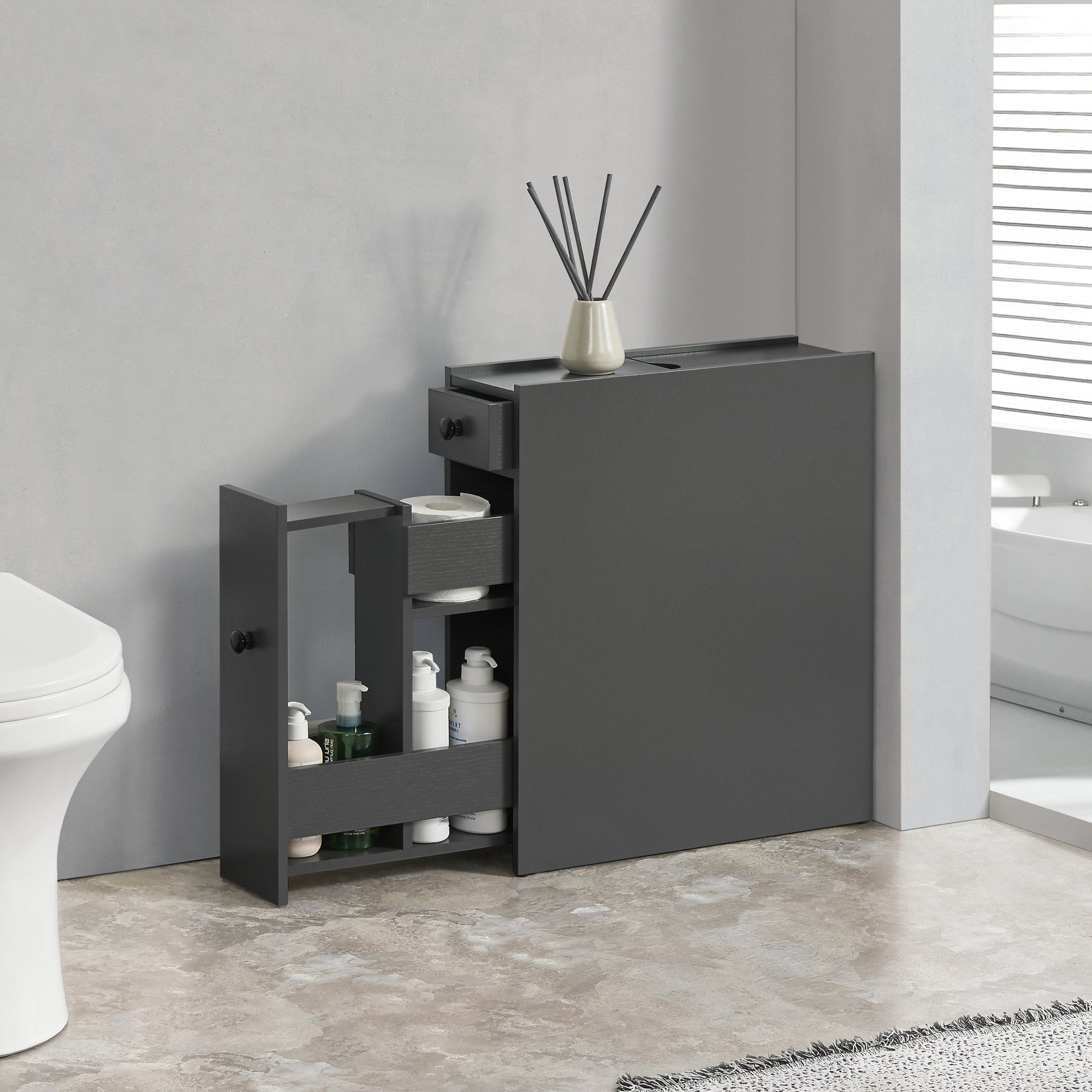 Mobile da Bagno a Terra (AxPxL) 58 x 16 x 48 cm Contenitore Salvaspazio con Cassetti Armadietto da Bagno - Grigio Scuro