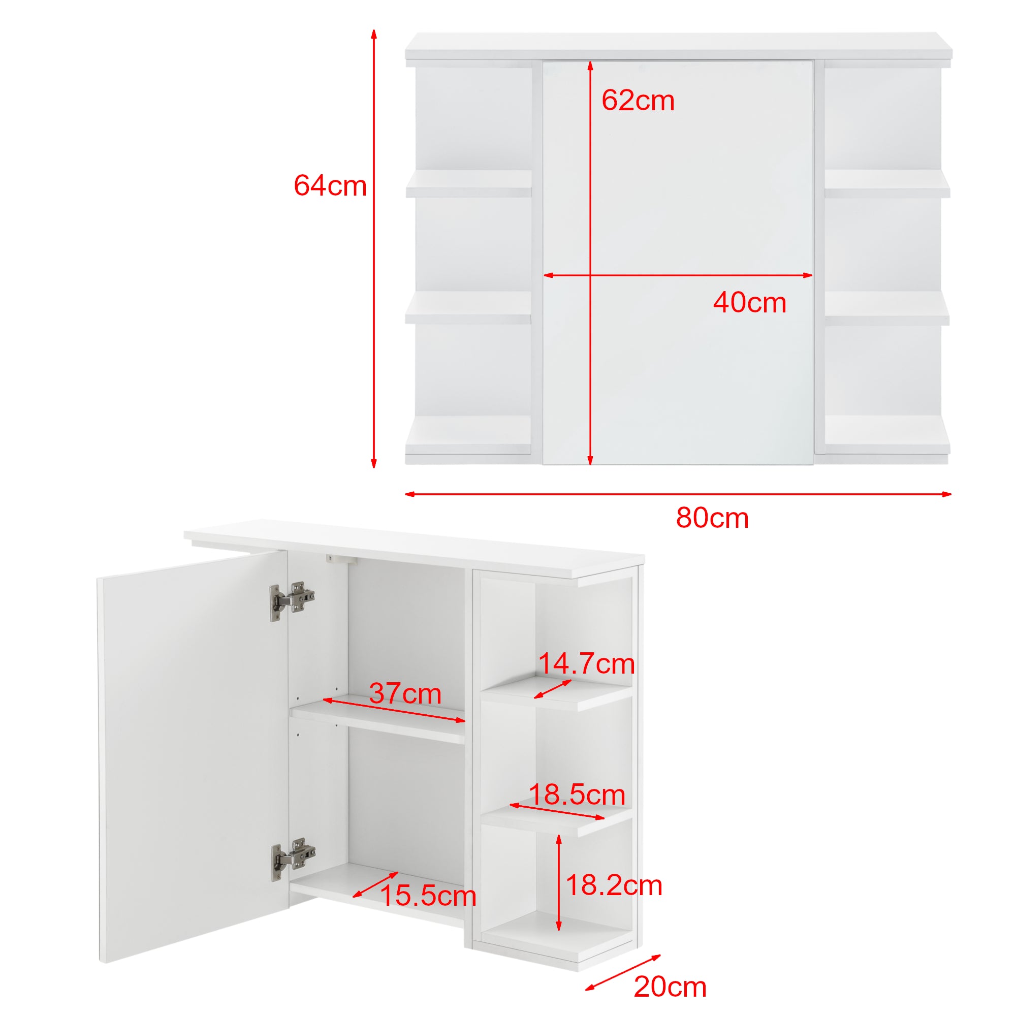 Armadietto Pensile a Bagno con Specchio 64 x 80 x 20 cm Mobiletto a Muro con 1 Anta e 3 Ripiani Laterali - Bianco