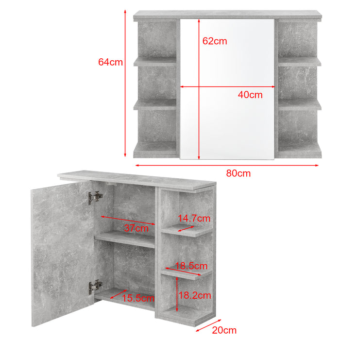 Armadietto Pensile a Bagno con Specchio 64 x 80 x 20 cm Mobiletto a Muro con 1 Anta e 3 Ripiani Laterali - Effetto