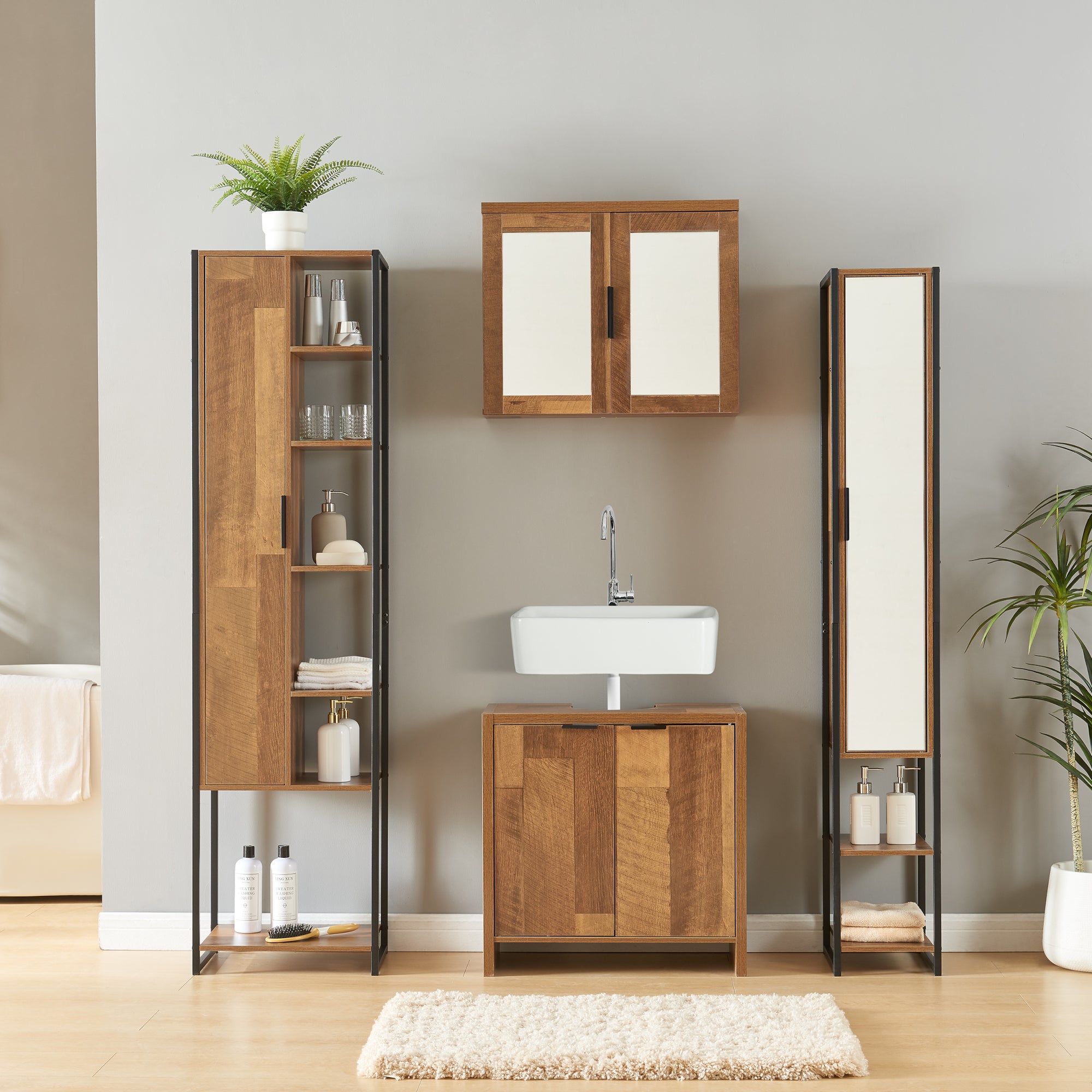 Set 4 Mobili da Bagno Namsskogan in effetto Legno Intarsiato color Noce [en.casa]