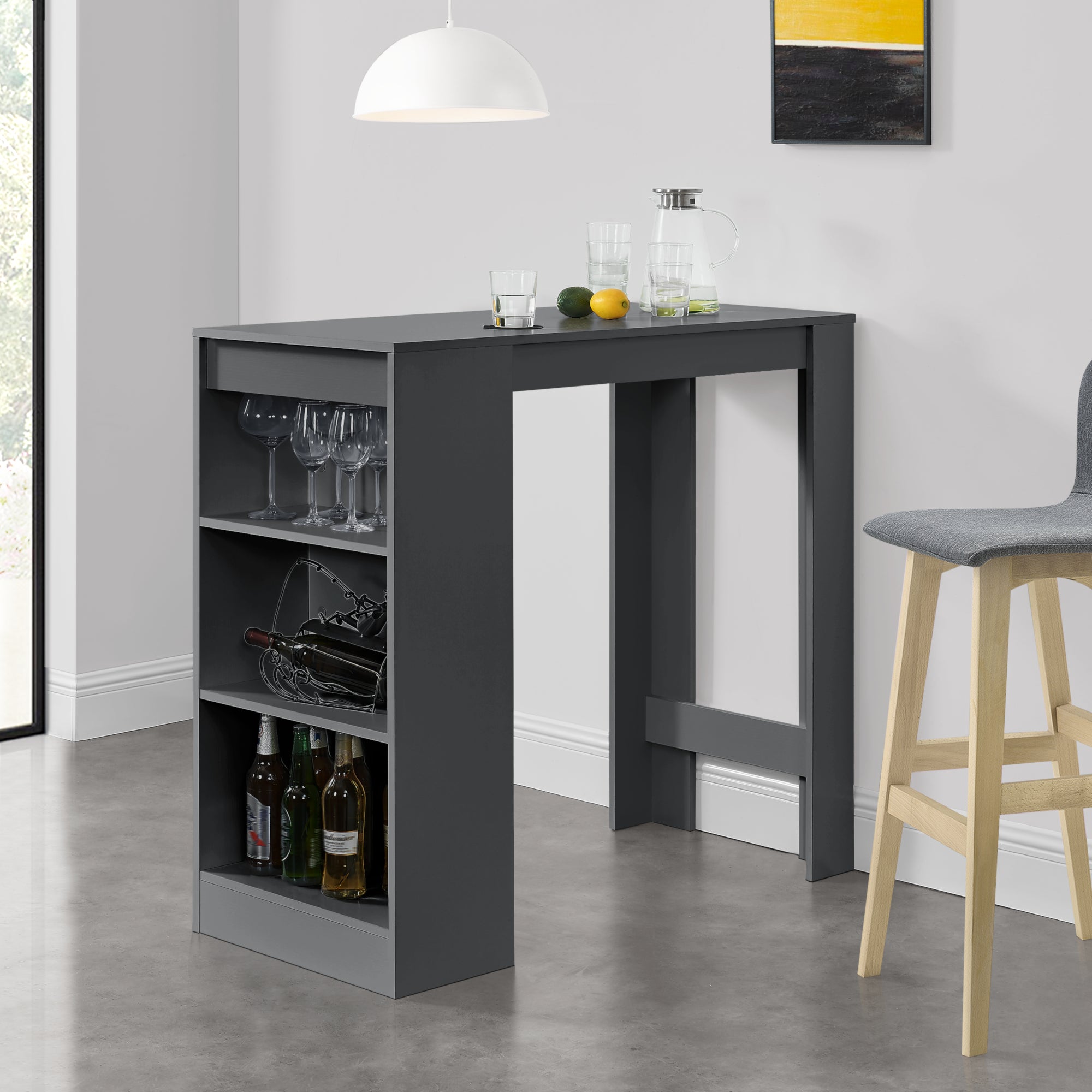 [en.casa] Bancone Tavolo Alto da Bar 110 x 50 x 103 cm Penisola Cucina con 3 Ripiani - Grigio Scuro