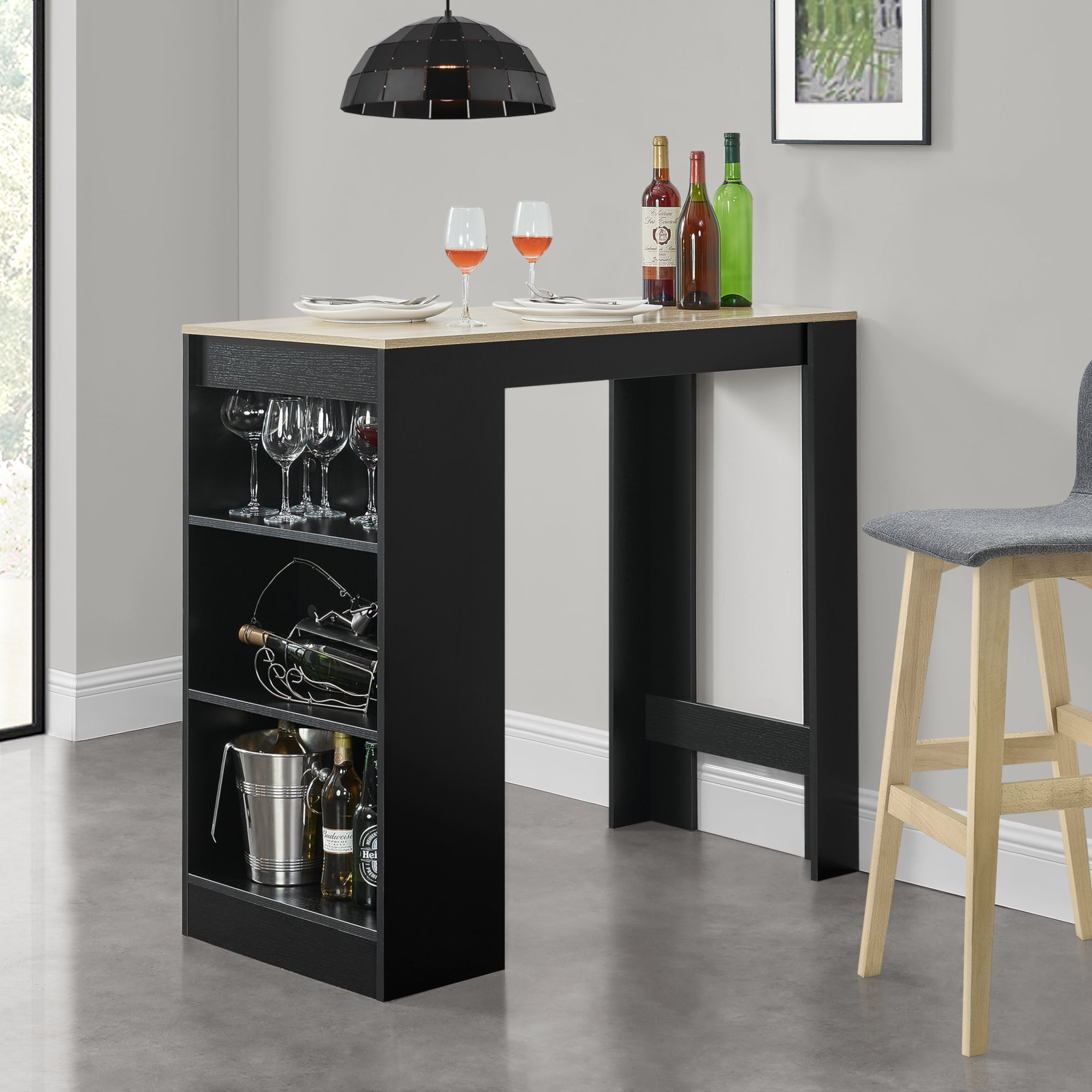 [en.casa] Bancone Tavolo Alto da Bar 110 x 50 x 103 cm Penisola Cucina con 3 Ripiani - Nero/Effetto Rovere