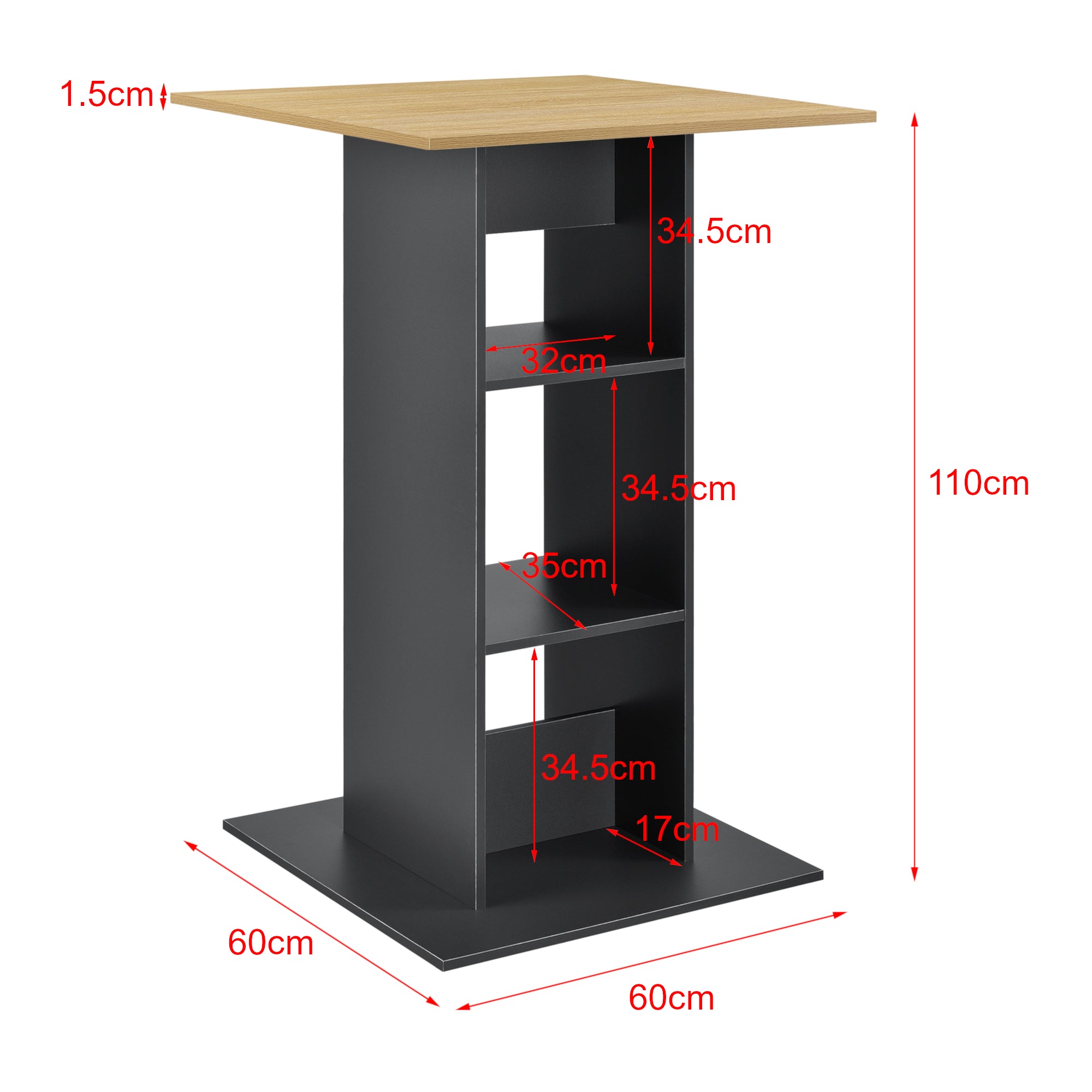 Tavolo Alto da Bar con 3 Ripiani Portabottiglie Tavolo Bistro in Forma Quadrata 70 x 70 x 110 cm - Grigio Scuro con