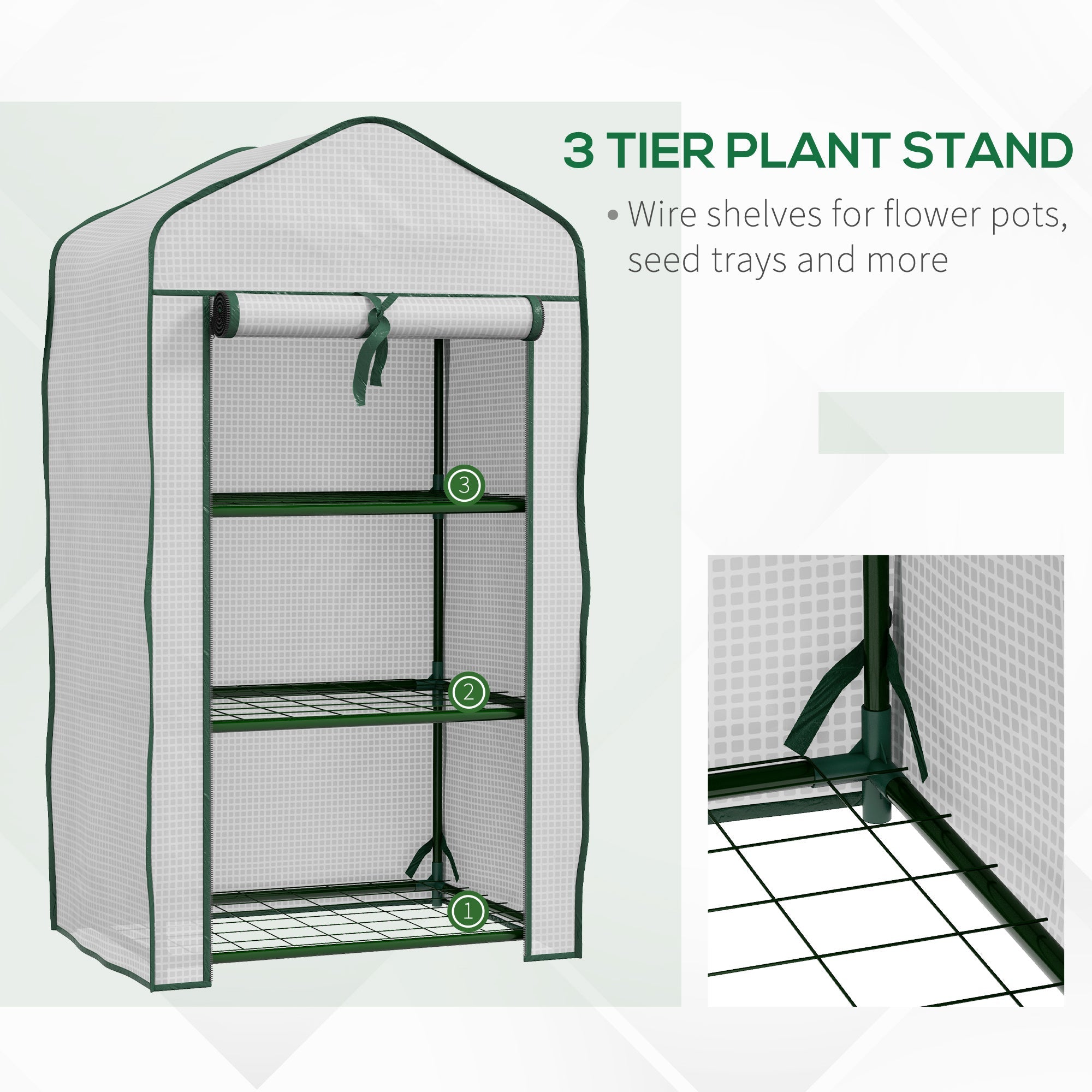 Mini Serra da Giardino con Copertura in PE 59x39x127cm 3 Ripiani e Porta Avvolgibile Bianco