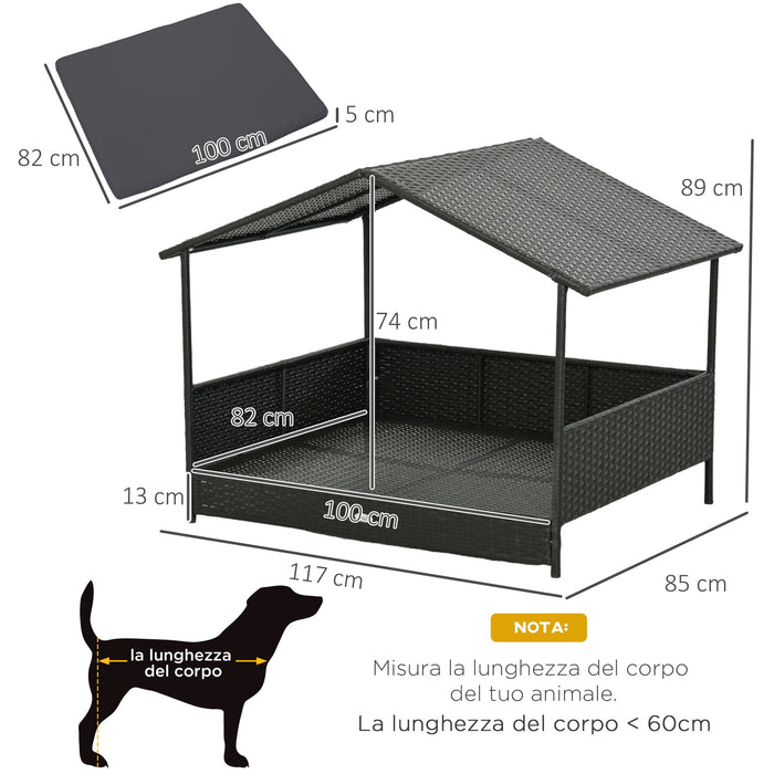 Casetta per Cani Rialzata con Cuscino Sfoderabile 117x85x89 cm in Rattan PE e Acciaio Grigio e Marrone