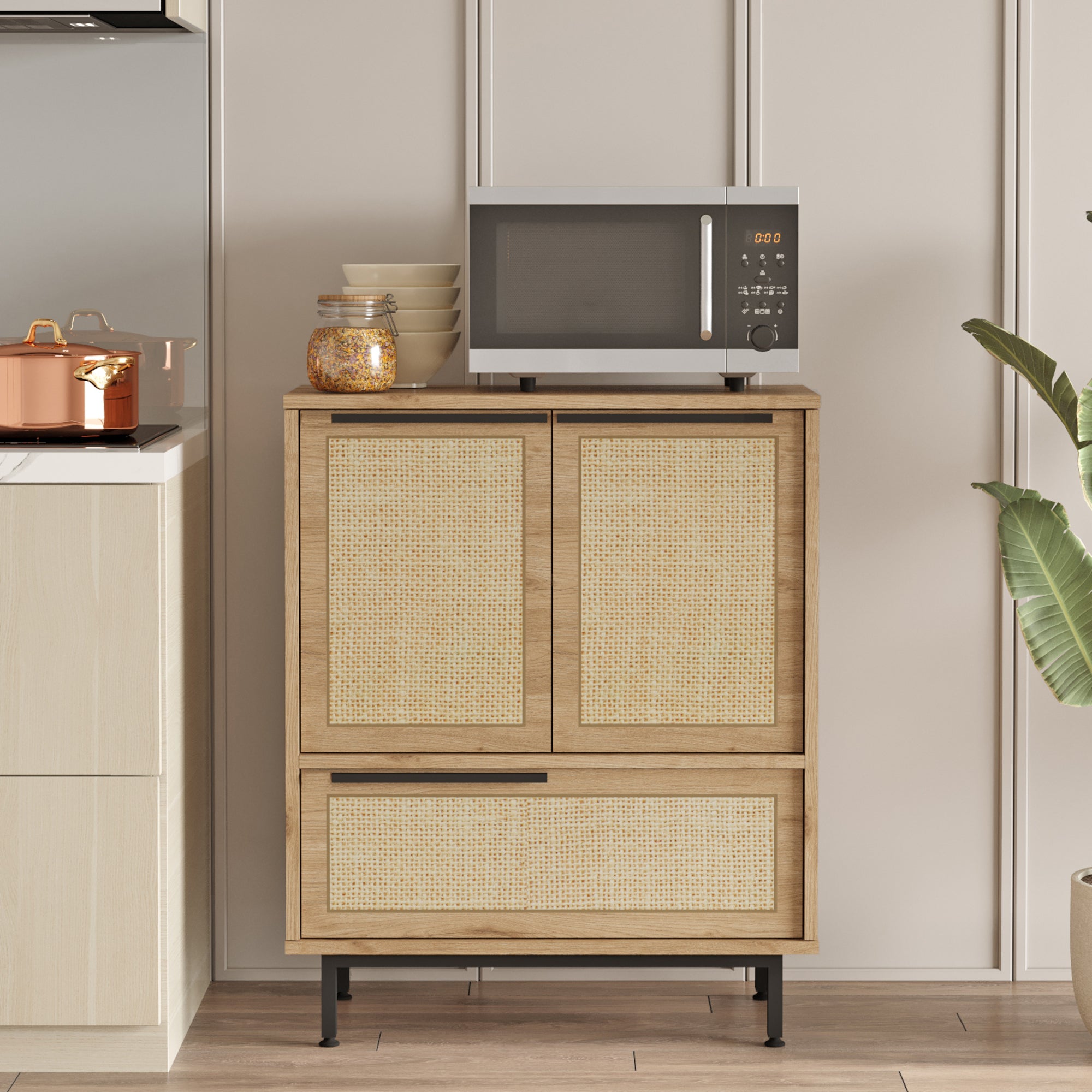 Credenza Kvà¦nangen a 3 Ante Mobile da Stoccaggio 91x75x36 cm Effetto Rovere / Rattan [en.casa]