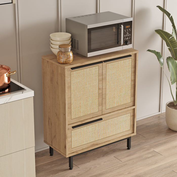 Credenza Kvà¦nangen a 3 Ante Mobile da Stoccaggio 91x75x36 cm Effetto Rovere / Rattan [en.casa]