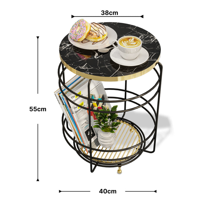 Tavolino da Divano Padasjoki Telaio Circolare Piano Rotondo in Effetto Marmo Nero [en.casa]