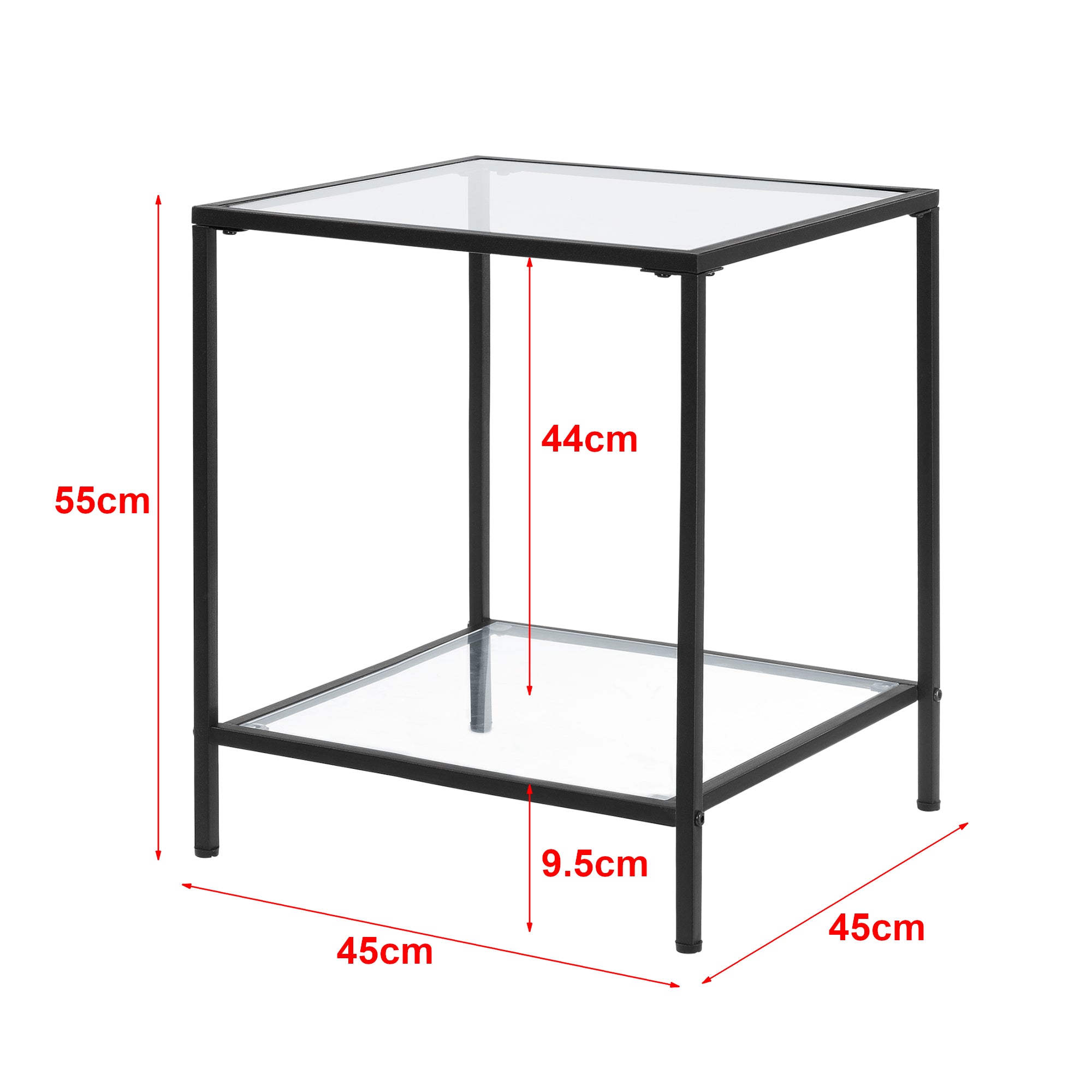 Tavolino da Divano (AxLaxP): 55 x 45 x 45 cm Tavolino Basso da Salotto/Soggiorno/Camera da Letto - Ripiani di Vetro