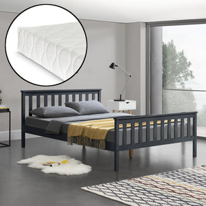 [en.casa] Letto in Legno di Pino con Pediera e Testiera Alta con Materasso a Schiuma Fredda 180 x 200 cm - Color Grigio