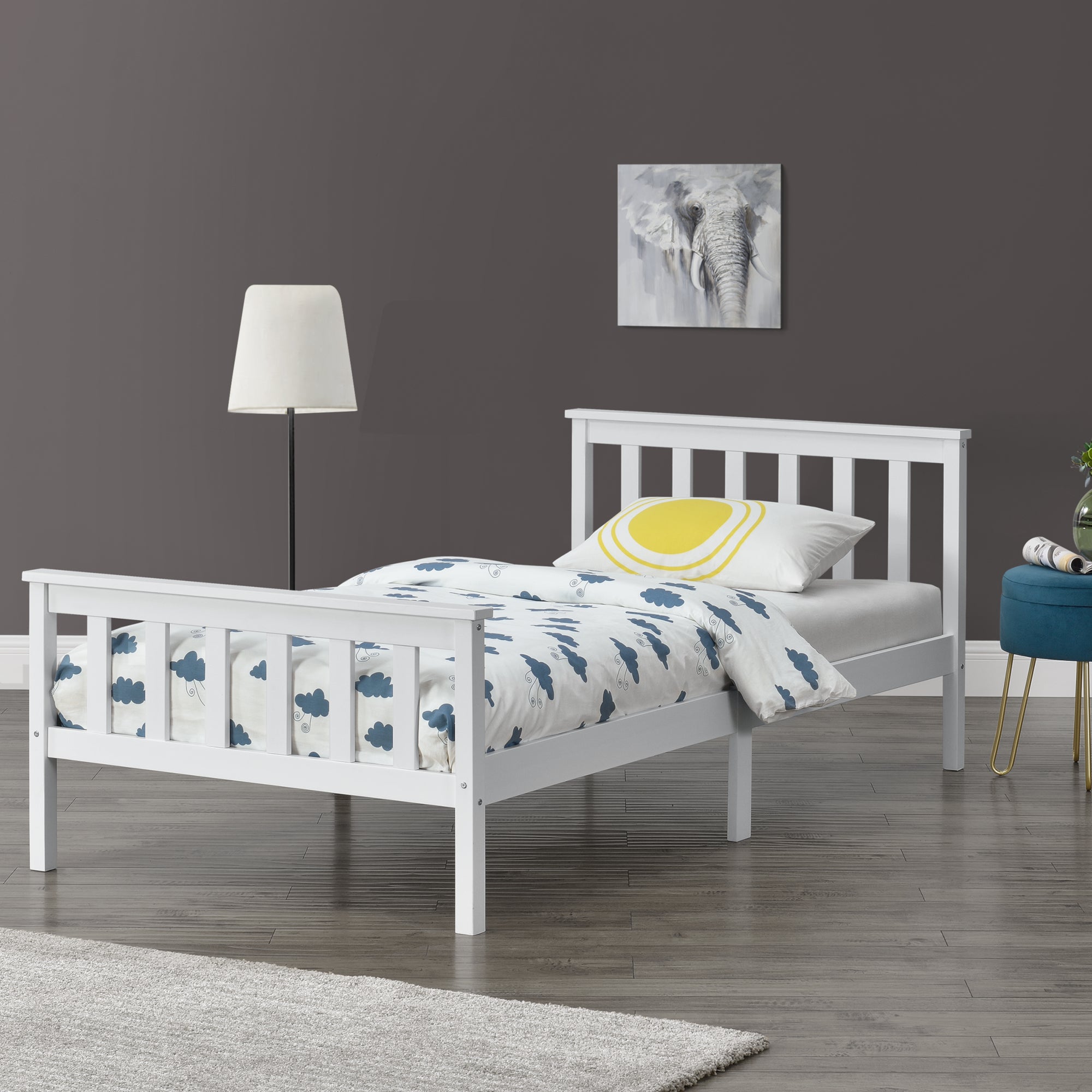 Struttura Letto Singolo 90 x 200 cm Letto in Legno di Pino con Testiera e Pediera Alte - Bianco