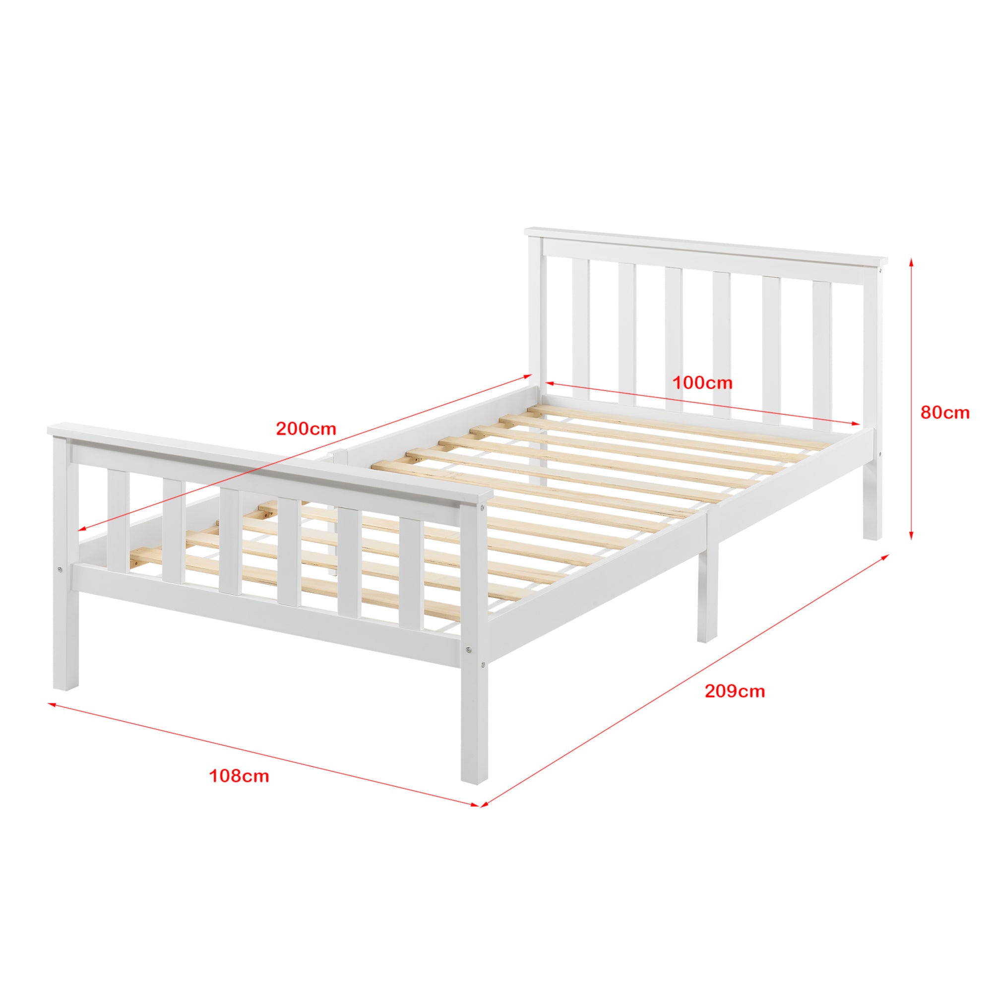 Struttura Letto Singolo 100 x 200 cm Letto in Legno di Pino con Testiera e Pediera Alte - Bianco