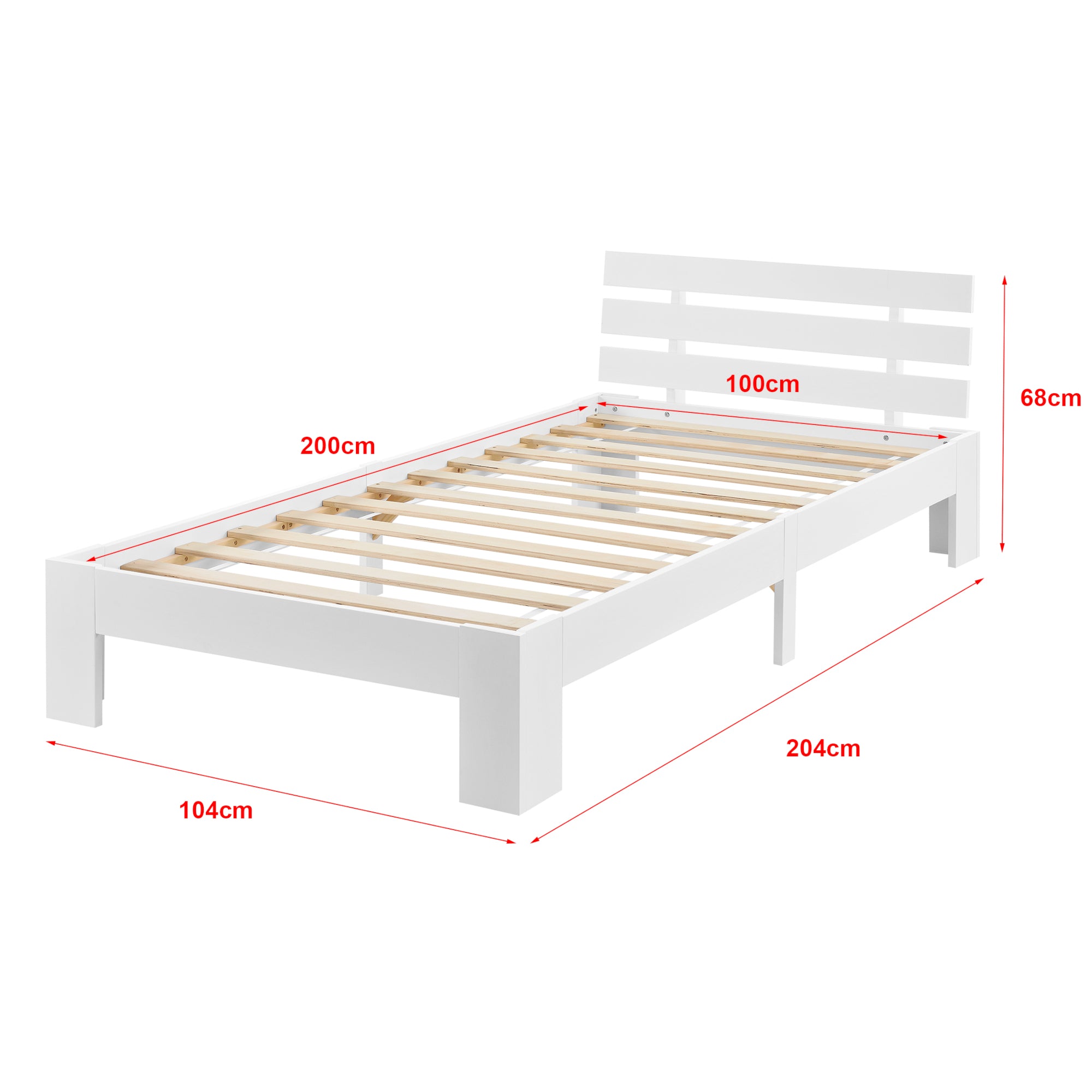 Struttura Letto in Legno di Pino con Testiera 100 x 200 cm Letto Singolo in Stile Moderno - Bianco