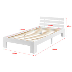 Struttura Letto in Legno di Pino con Testiera 100 x 200 cm Letto Singolo in Stile Moderno - Bianco