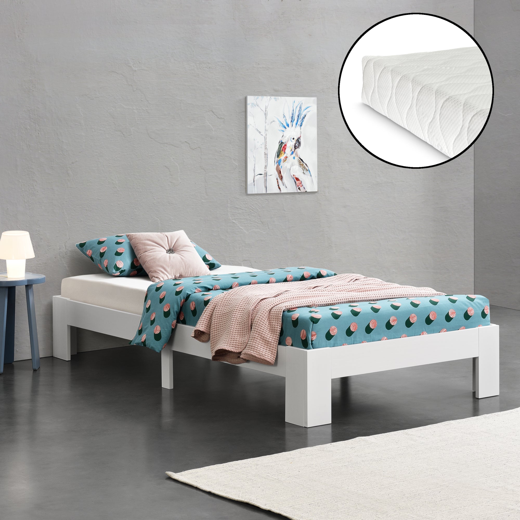 Letto in Legno di Pino con Materasso a Schiuma Fredda 90 x 200 cm Letto Singolo in Design Minimal - Bianco