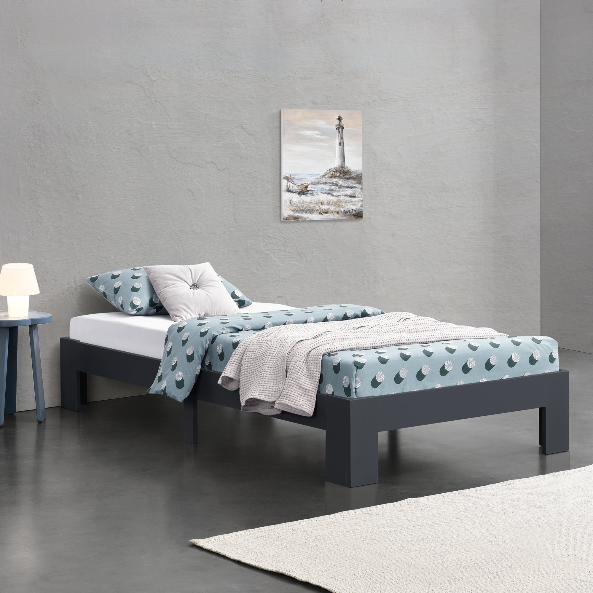 Struttura Letto in Legno di Pino 120 x 200 cm con Rete a Doghe Letto 1 Piazza e Mezza in Design Minimal - Grigio Scuro