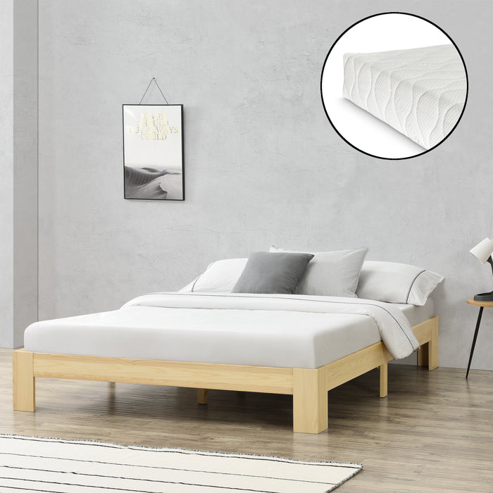 Letto in Legno di Pino con Materasso a Schiuma Fredda 140 x 200 cm Letto Francese in Design Minimal - Color Legno