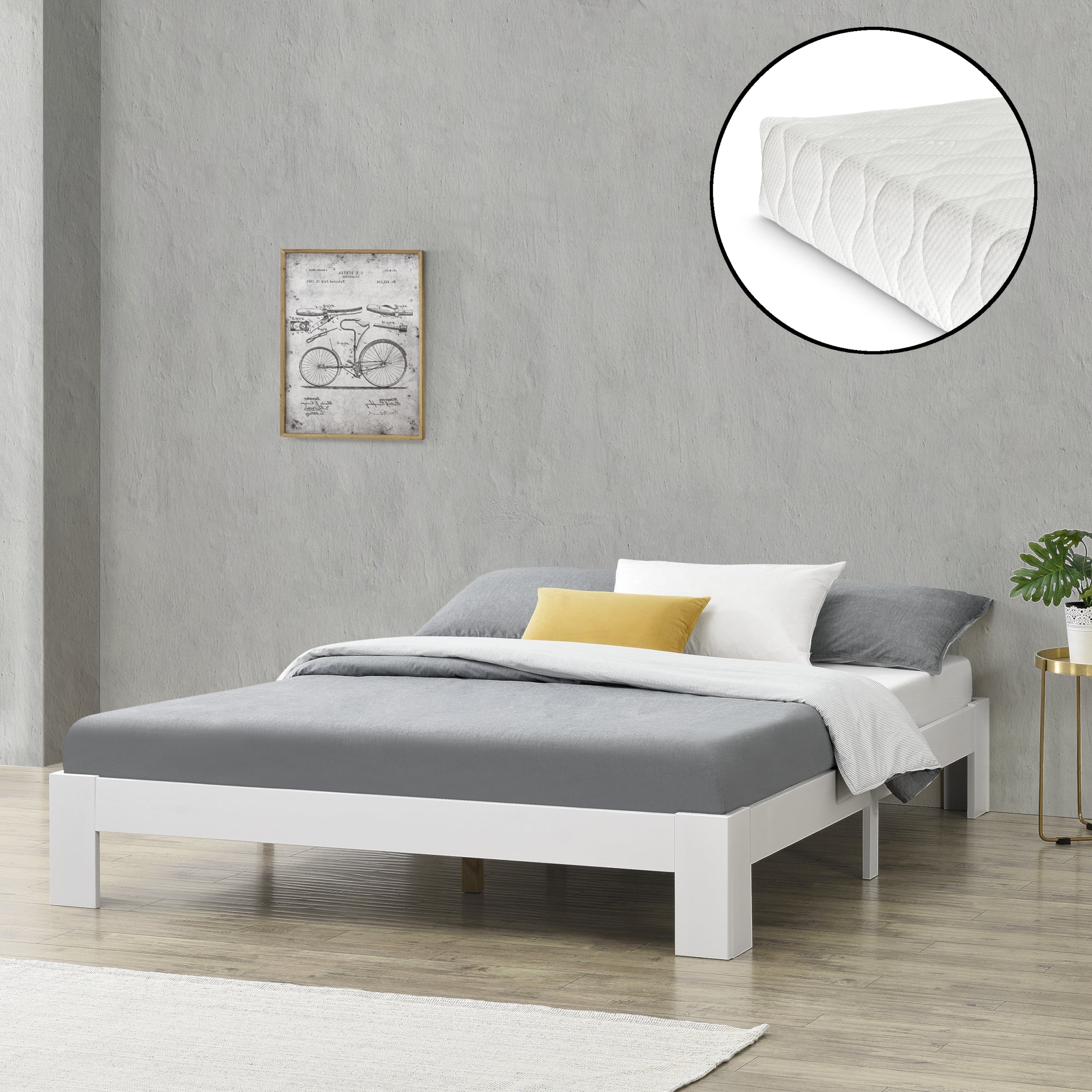 Letto in Legno di Pino con Materasso a Schiuma Fredda 180 x 200 cm Letto Matrimoniale King Size in Design Minimal -