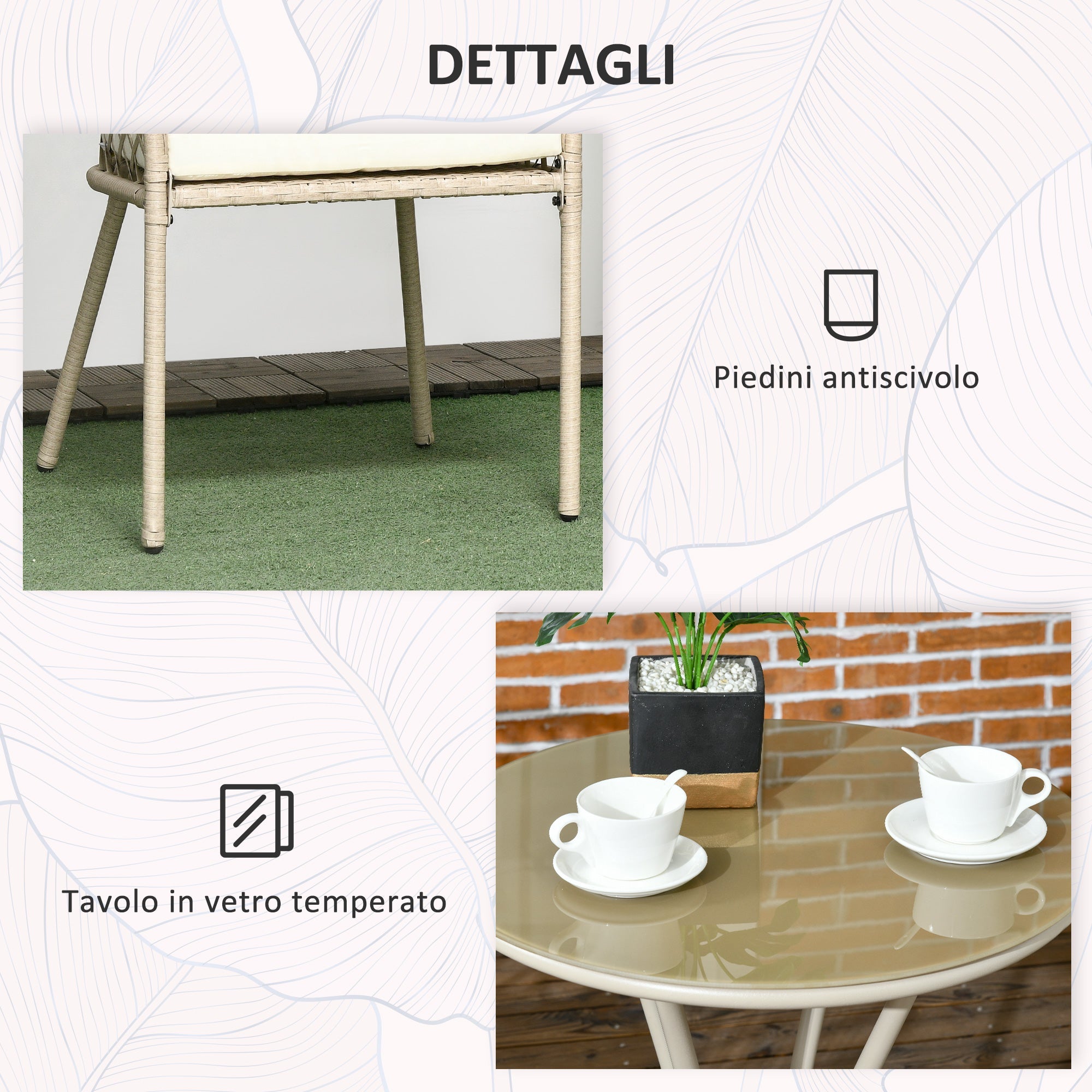 Set Tavolino con Piano in Vetro e 2 Poltrone da Giardino in Rattan PE Acciaio e Poliestere Khaki